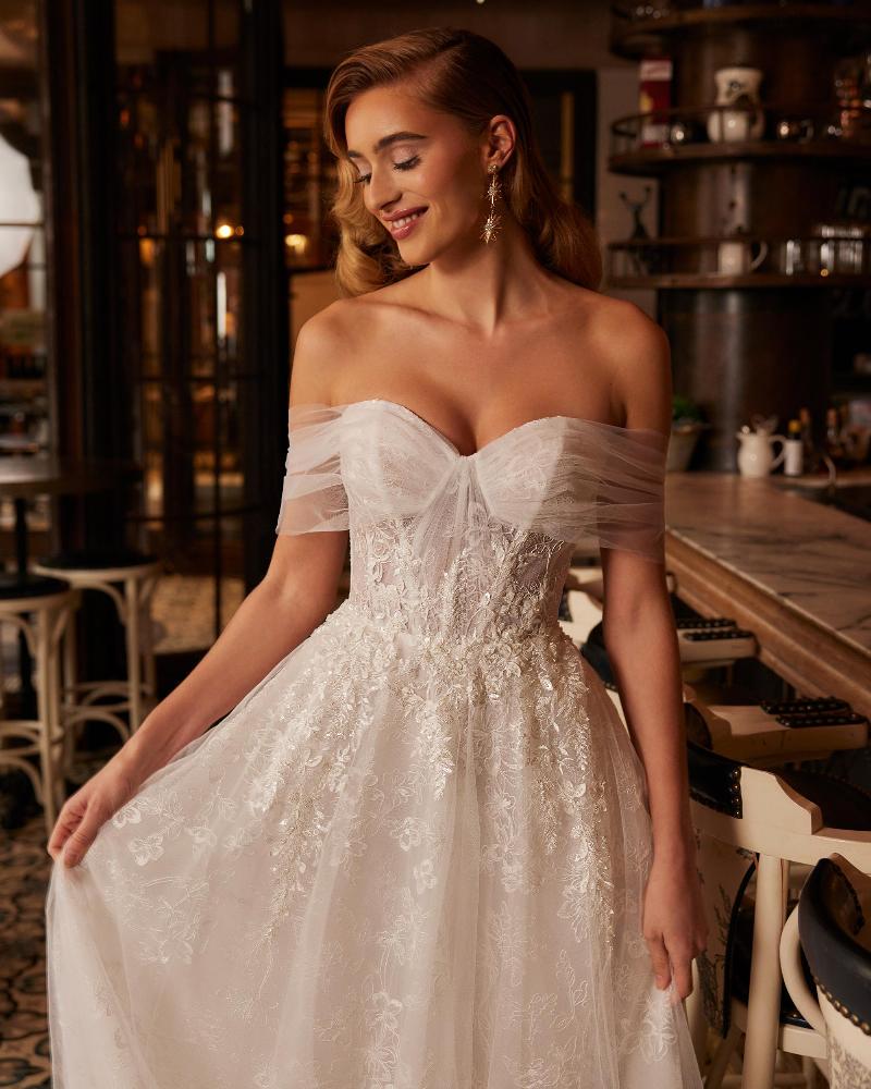La22247 simple off the shoulder wedding dress with pockets and a line silhouette1